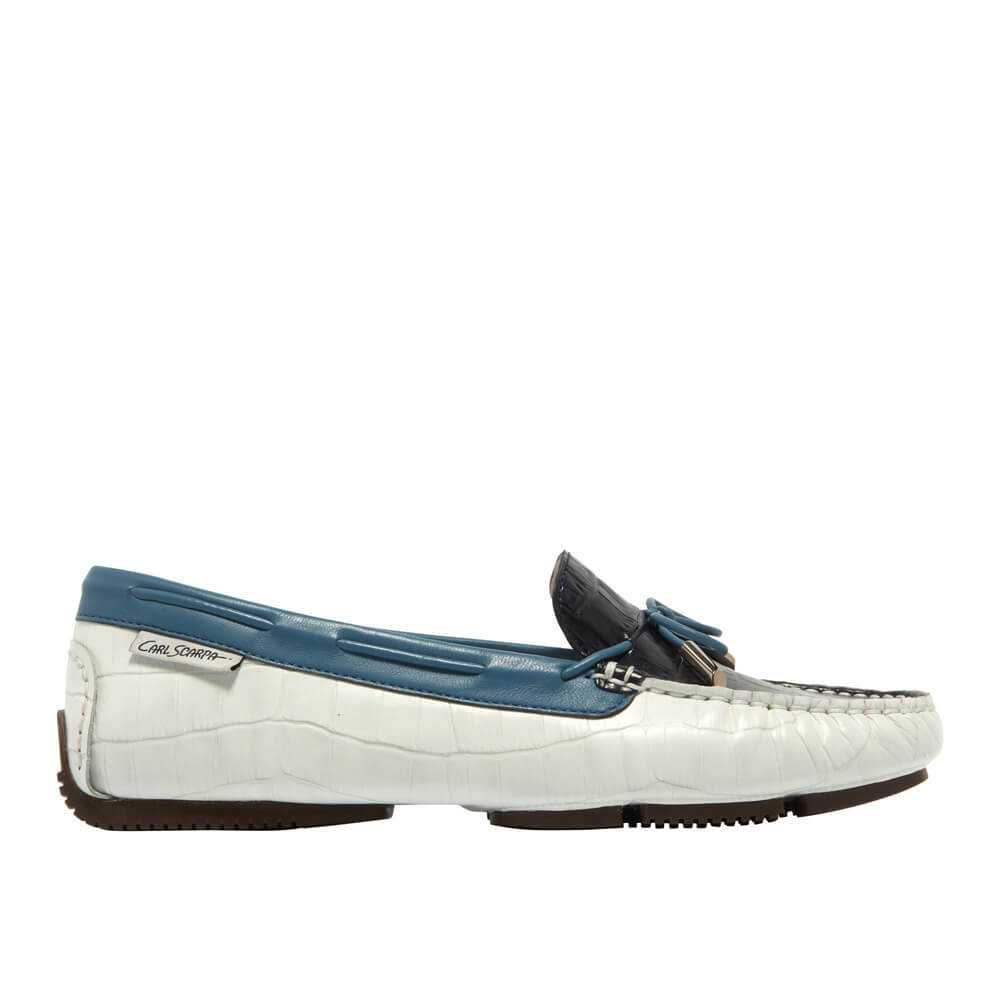 Carl Scarpa Masella White Blue Leather Slip On Loafers